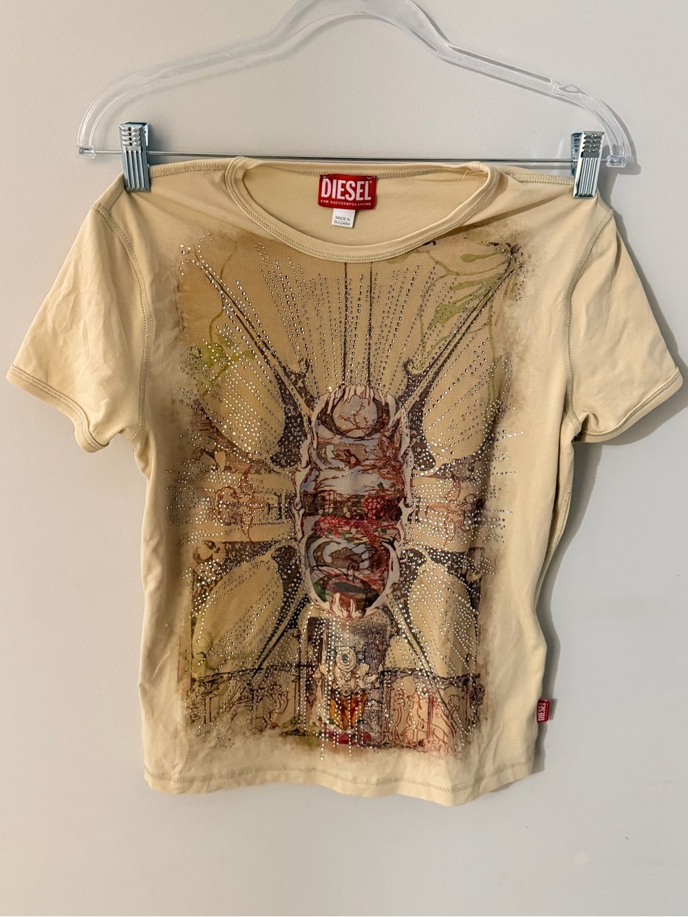 Diesel Beige Graphic Rhinestone Tee